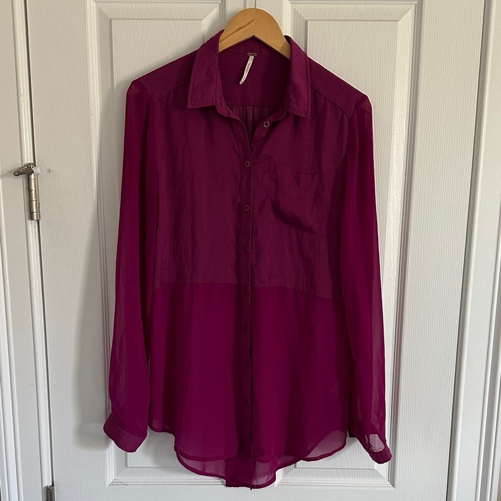 Free People Sheer Magenta Button-Up Blouse - Picture 2 of 11